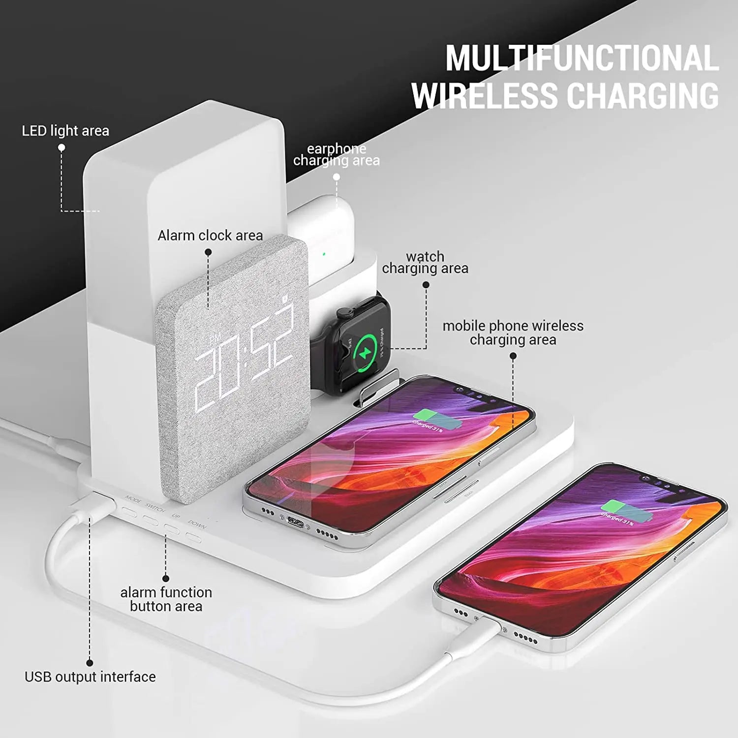 4 In 1  Fast Charging Stand Dock  Wireless Charger with Alarm Clock for iPhone 14 13 12 11 Apple Watch 8 7 6 IWatch Airpods Pro
