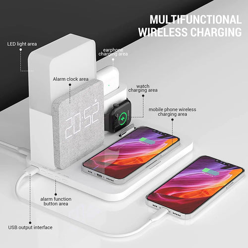 4 In 1  Fast Charging Stand Dock  Wireless Charger with Alarm Clock for iPhone 14 13 12 11 Apple Watch 8 7 6 IWatch Airpods Pro