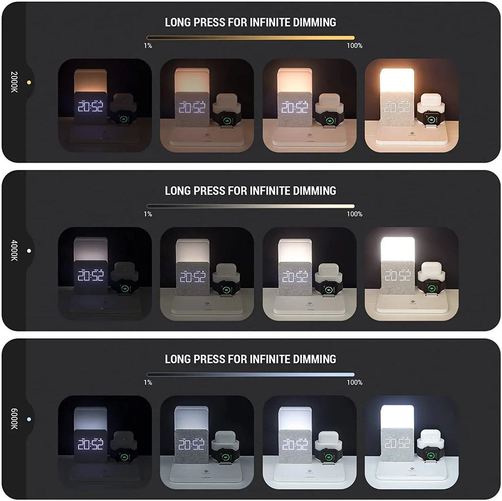 4 In 1  Fast Charging Stand Dock  Wireless Charger with Alarm Clock for iPhone 14 13 12 11 Apple Watch 8 7 6 IWatch Airpods Pro
