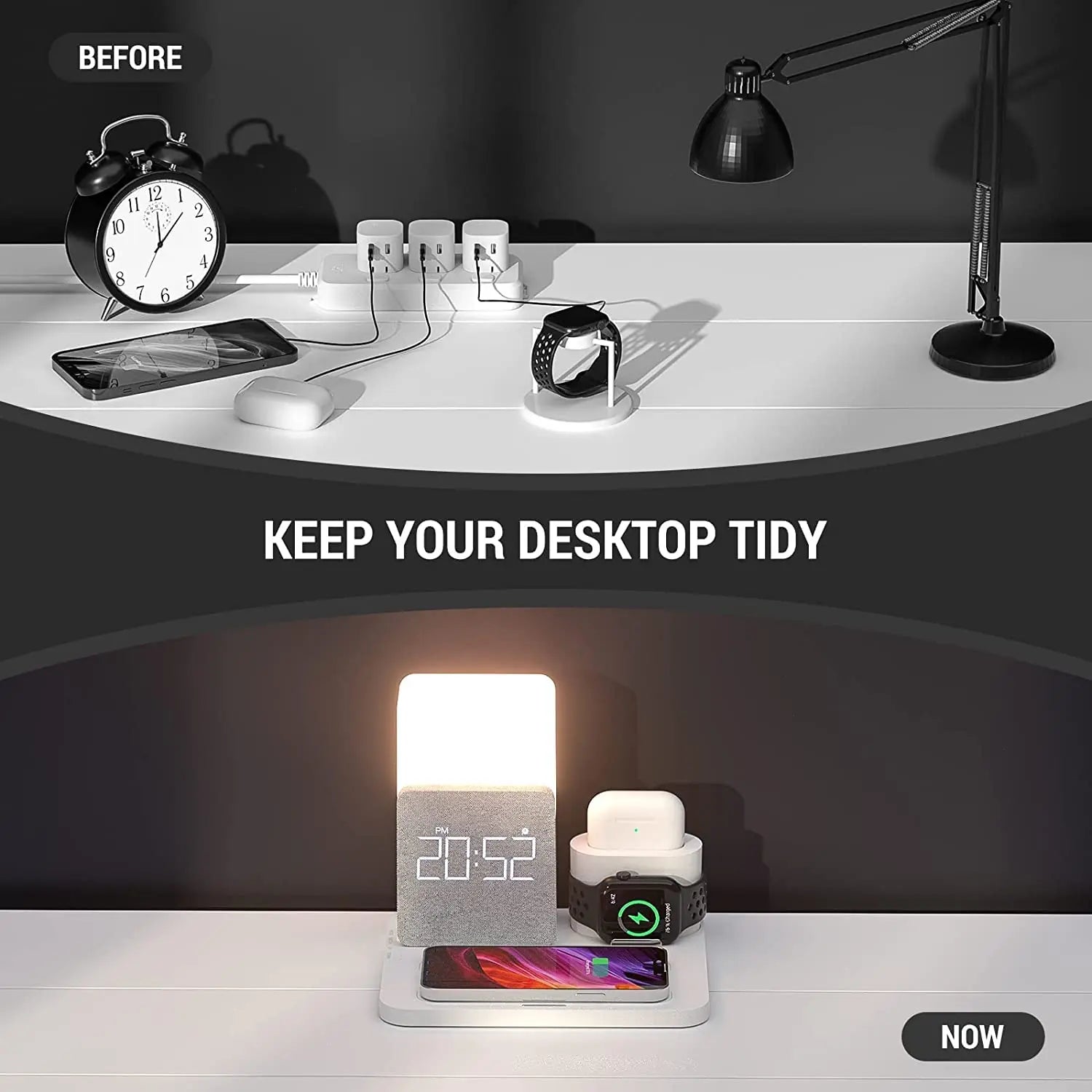 4 In 1  Fast Charging Stand Dock  Wireless Charger with Alarm Clock for iPhone 14 13 12 11 Apple Watch 8 7 6 IWatch Airpods Pro