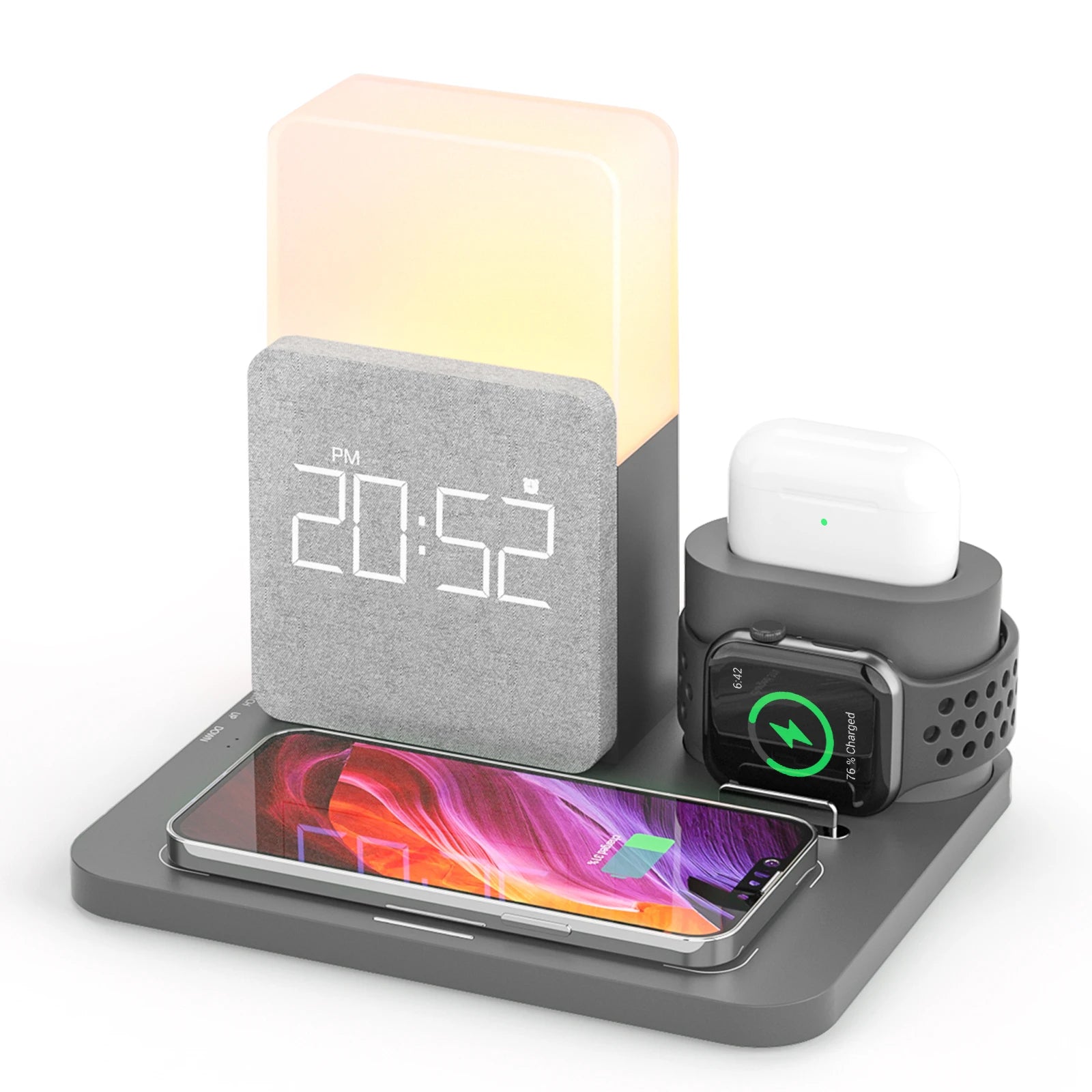4 In 1  Fast Charging Stand Dock  Wireless Charger with Alarm Clock for iPhone 14 13 12 11 Apple Watch 8 7 6 IWatch Airpods Pro