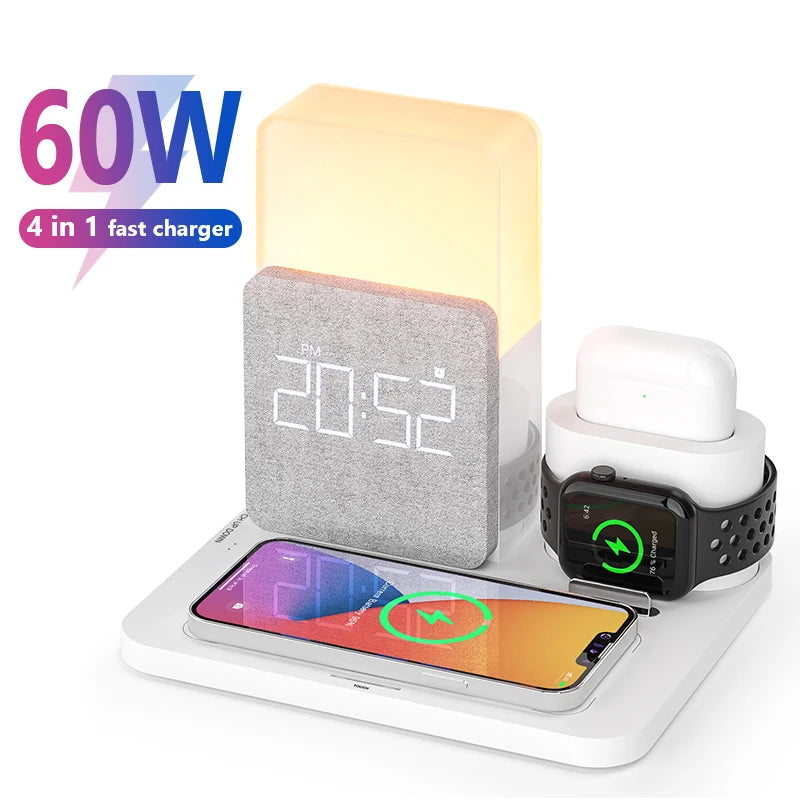 4 In 1  Fast Charging Stand Dock  Wireless Charger with Alarm Clock for iPhone 14 13 12 11 Apple Watch 8 7 6 IWatch Airpods Pro