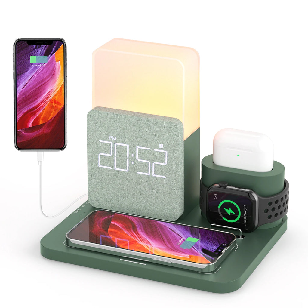 4 In 1  Fast Charging Stand Dock  Wireless Charger with Alarm Clock for iPhone 14 13 12 11 Apple Watch 8 7 6 IWatch Airpods Pro
