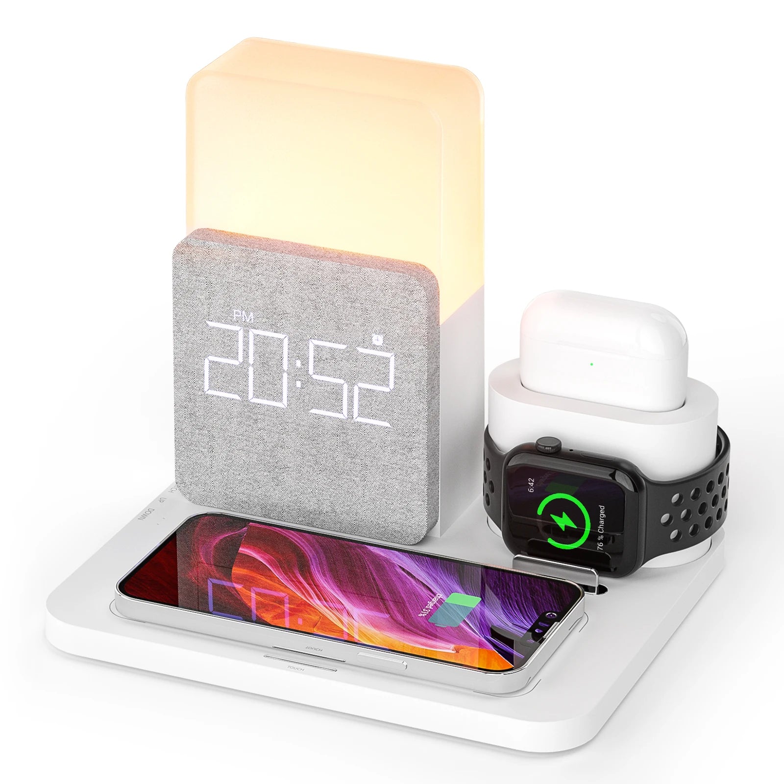 4 In 1  Fast Charging Stand Dock  Wireless Charger with Alarm Clock for iPhone 14 13 12 11 Apple Watch 8 7 6 IWatch Airpods Pro